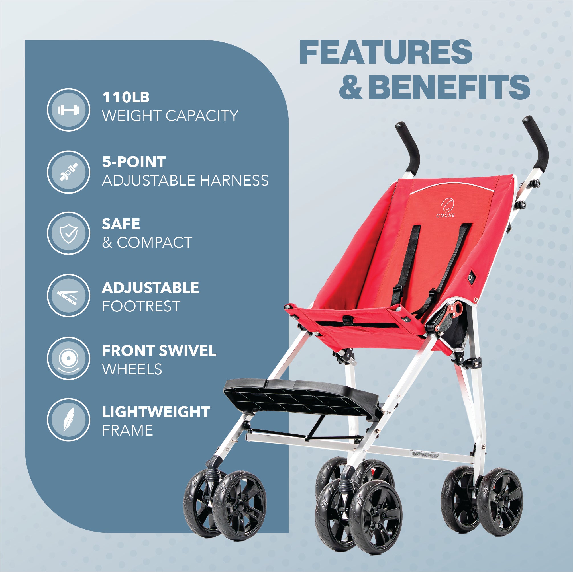 Coche XL Lightweight Medical Special Needs Stroller/Transport Chair, Red